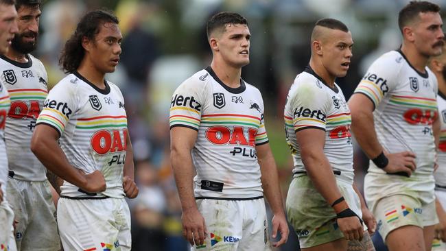 Nathan Cleary and Panthers players look on after a Parramatta try. Picture: Brett Costello