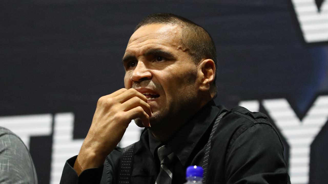 Anthony Mundine talks to the media.