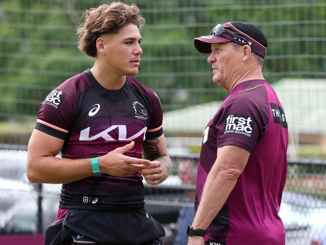 Reece Walsh talking with coach Kevin Walters, Brisbane Broncos training, Red Hill. Picture: Liam Kidston