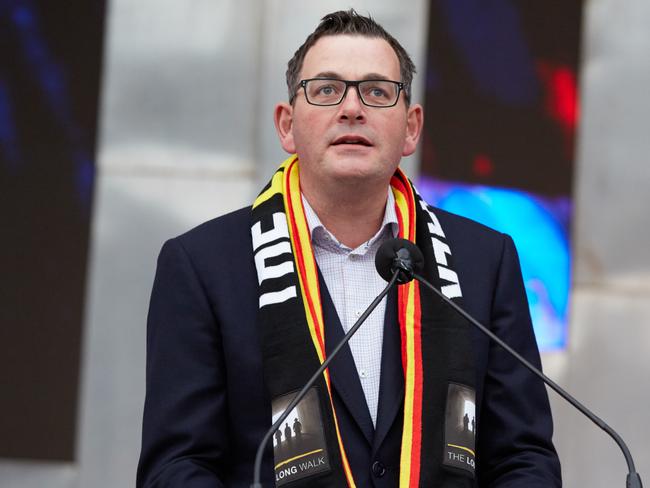 Victorian Premier Daniel Andrews speaks during the annual Long Walk celebrations before the Dreamtime at the 'G clash between Essendon and Richmond in Melbourne, Saturday, May 25, 2019. The Long Walk aims to get the lives of Indigenous people back on the national agenda. (AAP Image/Erik Anderson) NO ARCHIVING