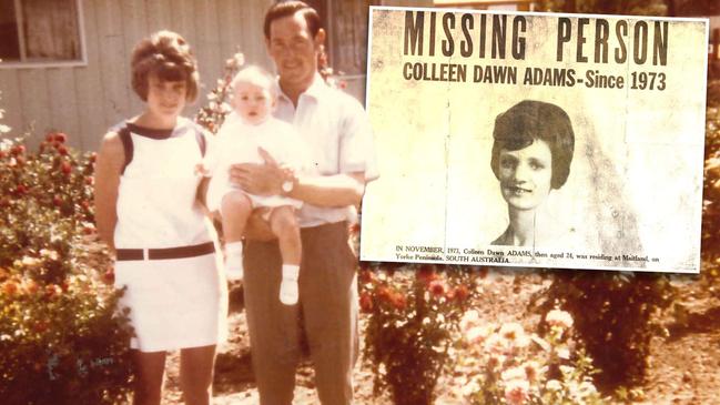 Colleen Adams inset web pics Colleen Adams with husband Geoffrey and a child. Picture: Supplied. Inset: A missing person poster.