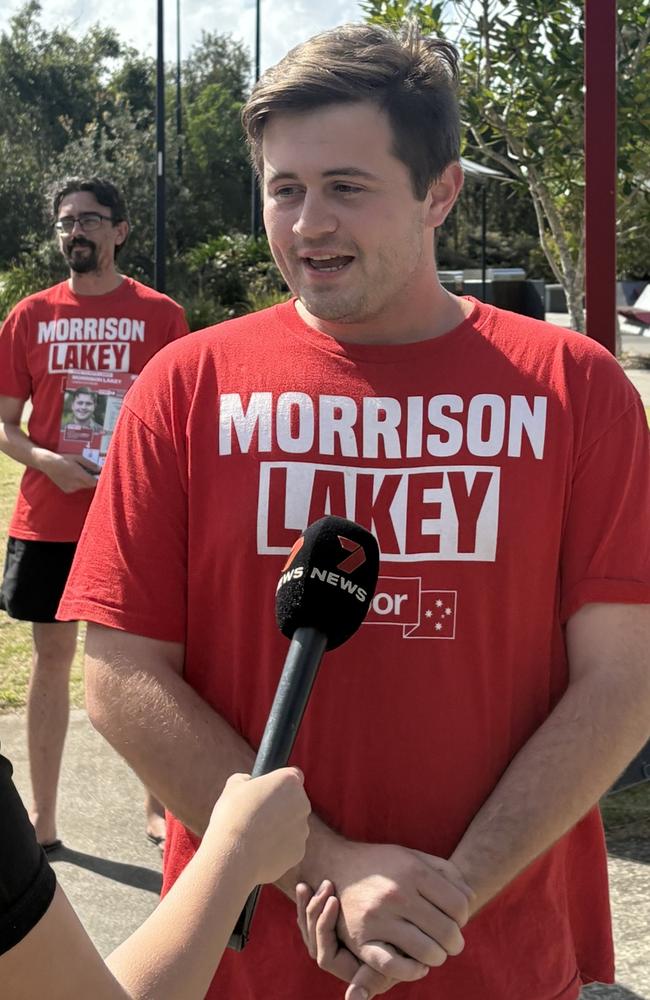 Labor Fisher candidate Morrison Lakey talks to the media during the federal election on May 3, 2025.
