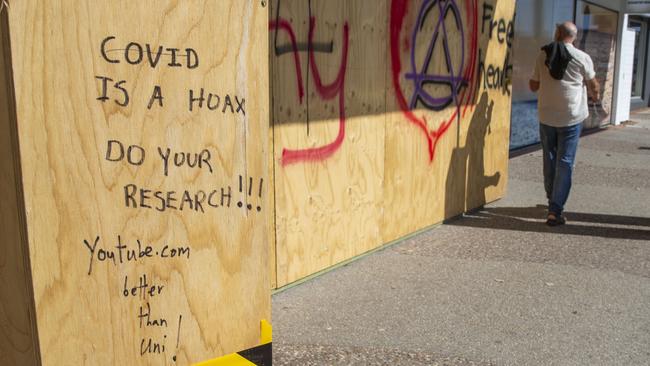 Anti-vax graffiti on Johnson street in Byron Bay. Picture: MEDIA-MODE.COM