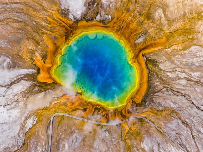 Mirror of the Land. A striking aerial photo of the Grand Prismatic Spring in Yellowstone National Park, the biggest hot spring in the United States and third in the world. Picture: Shihui Liu/ 2019 Drone Awards