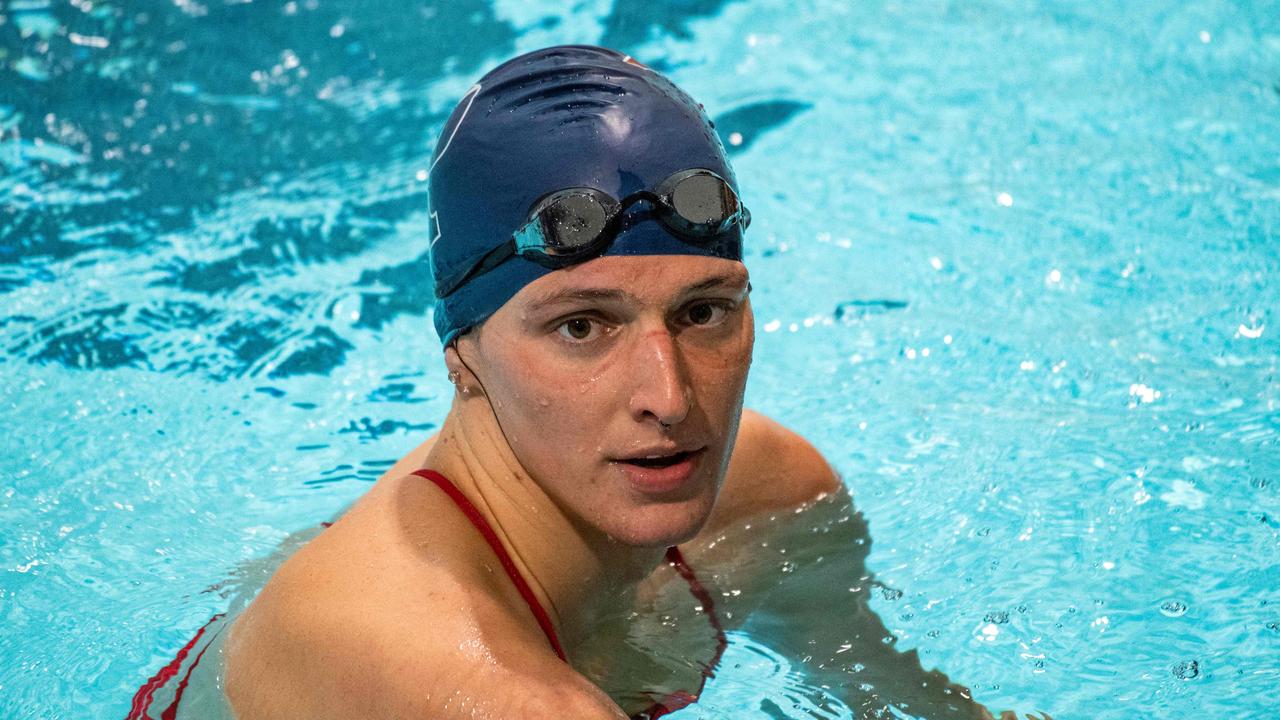 Lia Thomas, a transgender woman, finishes the 200 yard Freestyle for the University of Pennsylvania at an Ivy League swim meet against Harvard University in Cambridge, Massachusetts, on January 22, 2022. (Photo by Joseph Prezioso / AFP)