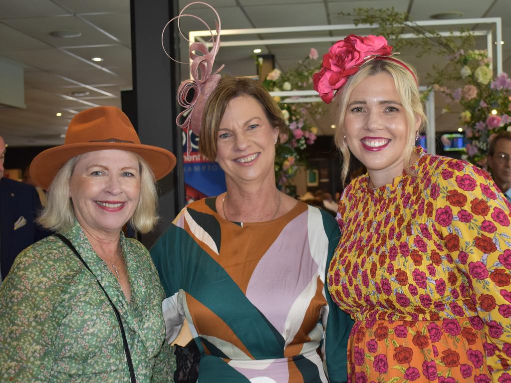 Cathy O'Driscoll, Rebecca Cassidy and Talitha Dodson at The Archer race meeting at Callaghan Park, Rockhampton, on May 7, 2022.