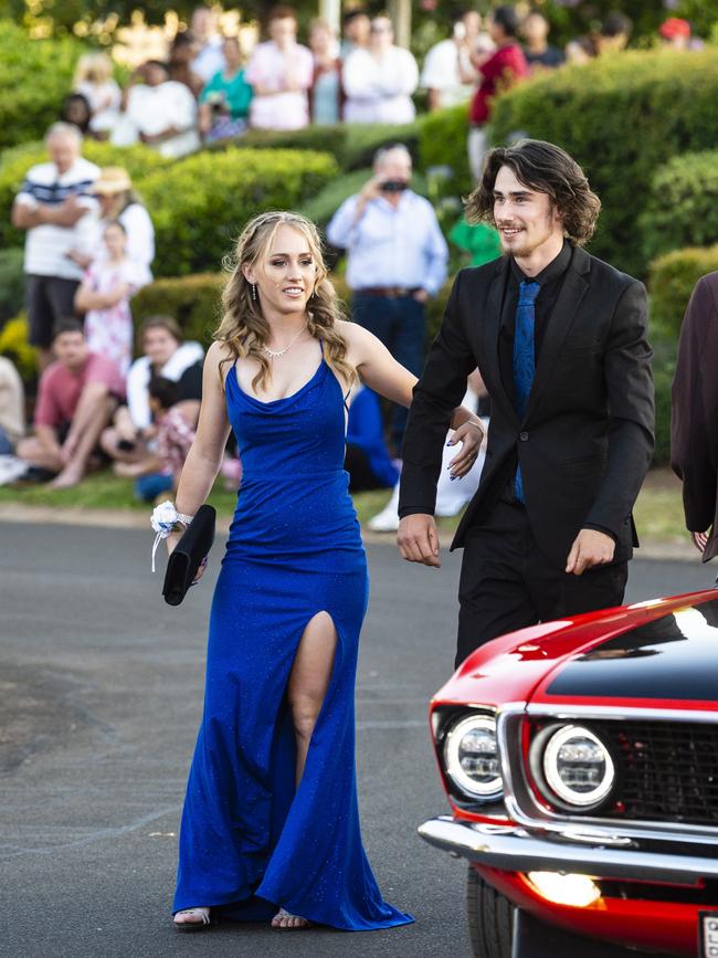 Adina Mason and Noah Mould arrive at Harristown State High School formal at Highfields Cultural Centre, Friday, November 18, 2022. Picture: Kevin Farmer