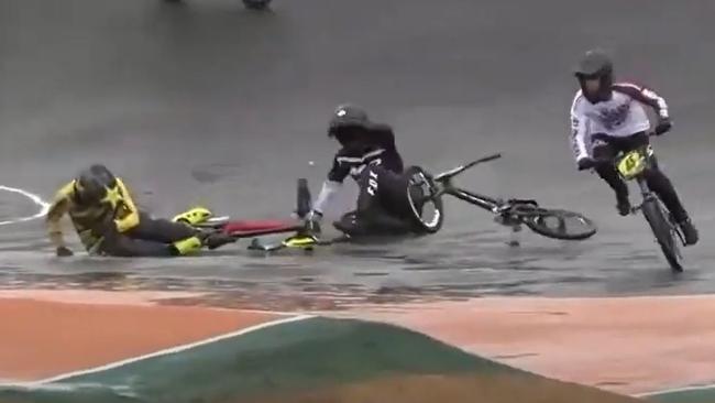 Riders fall during the official opening of the Sam Willoughby International BMX Facility at O’Halloran Hill. Picture: AusCycling