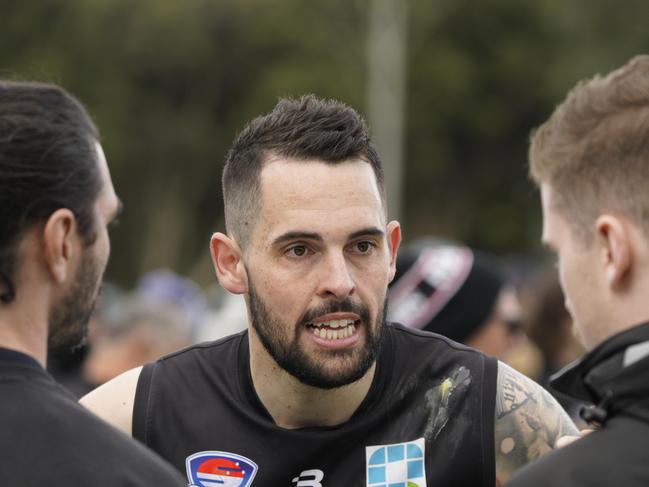 Southern league Division 4 footy grand final: Frankston Dolphins v Lyndhurst. Frankston coach Richard Mathers addressing players. Picture: Valeriu Campan