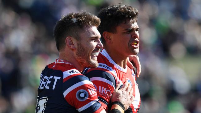 Latrell Mitchell celebrates a try with Roosters teammate Angus Crichton. Picture: AAP