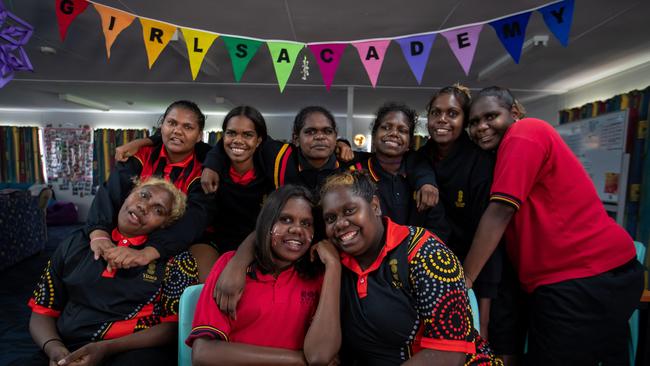 Dannelle Campbell, back row, second from left, with friends at Yirara College. Picture: James Elsby