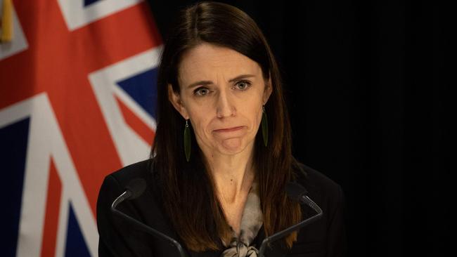 New Zealand's Prime Minister Jacinda Ardern speaks to the media about the positive coronavirus cases. Picture: Marty Melville/AFP