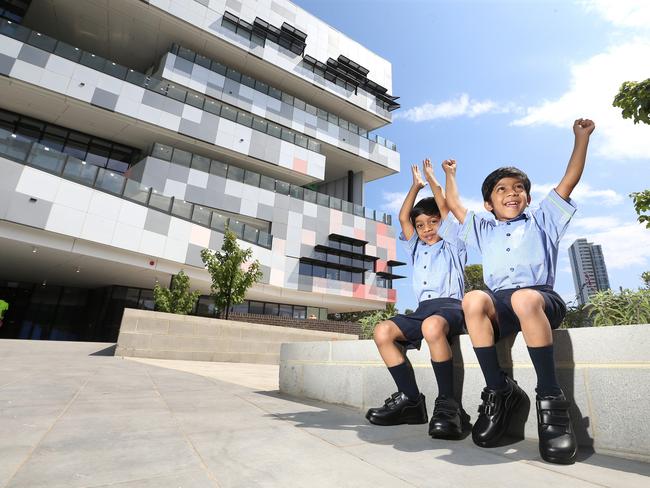 Eshaan and Vivaan Satpute outside South Melbourne Primary School. Picture: Hamish Blair