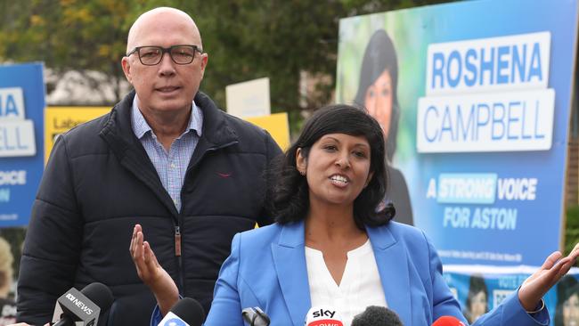 Peter Dutton, left, with failed Liberal party candidate Roshena Campbell in Melbourne over the weekend. Picture: David Crosling