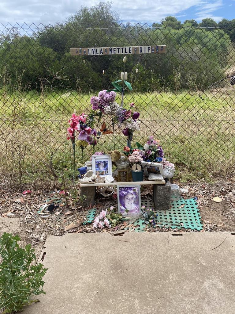 Sue Nowland set up a memorial for her daughter, Lyla Nettle, on the side of Port Wakefield Rd at Bolivar. Picture: Kathryn Bermingham