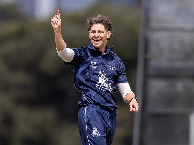 Michael Archer celebrates a wicket. Pictures: Cath Coady