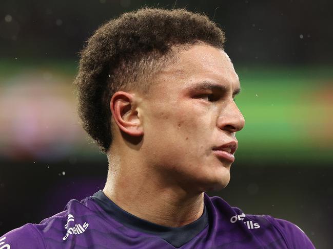 MELBOURNE, AUSTRALIA - JULY 20: Will Warbrick of the Storm looks on during the round 20 NRL match between Melbourne Storm and Sydney Roosters at AAMI Park, on July 20, 2024, in Melbourne, Australia. (Photo by Kelly Defina/Getty Images)
