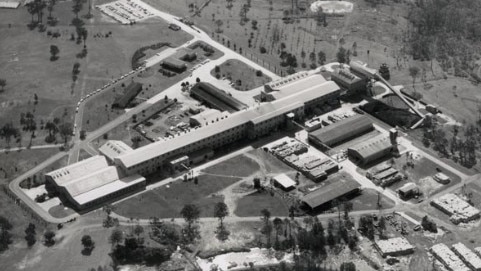 COPYRIGHT WARNING for Moreton Life ONLY. Phone Kylie Knight 3480 8226. An aerial view of the Petrie paper mill when construction was completed. Image courtesy North Pine Historical Society and Moreton Bay Regional Council.