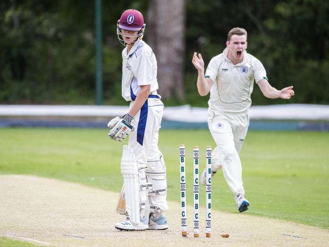 The Southport School’s Justin Faber is bowled by Brisbane Boys’ College quick William Gibson at Oakman Park yesterday. Picture: AAP Image/Richard Walker