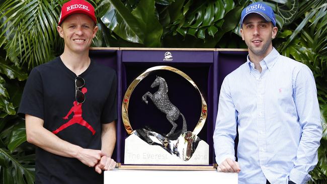 Redzel jockey Kerrin McEvoy and In Her Time jockey Brenton Avdulla at Martin Place on Tuesday during the TAB Climb to the Everest activation. Picture: Sam Ruttyn