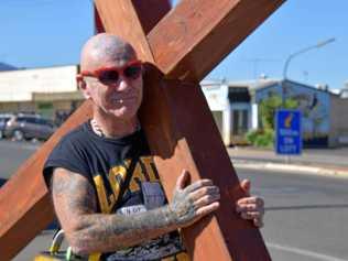 'I've always been out of the box': Kevin 'Mad Dog' Mudford is walking throughout the South Burnett with his crucifix. Picture: Matt Collins