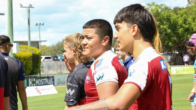 Taufa Taulani (centre) with teammates after Redcliffe's Round 5 win over Norths. Photo: Rikki-Lee Arnold/QRL
