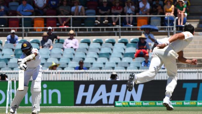 Sri Lanka’s Vishwa Fernando is bowled by Australia's Mitchell Starc yesterday. Picture: AAP