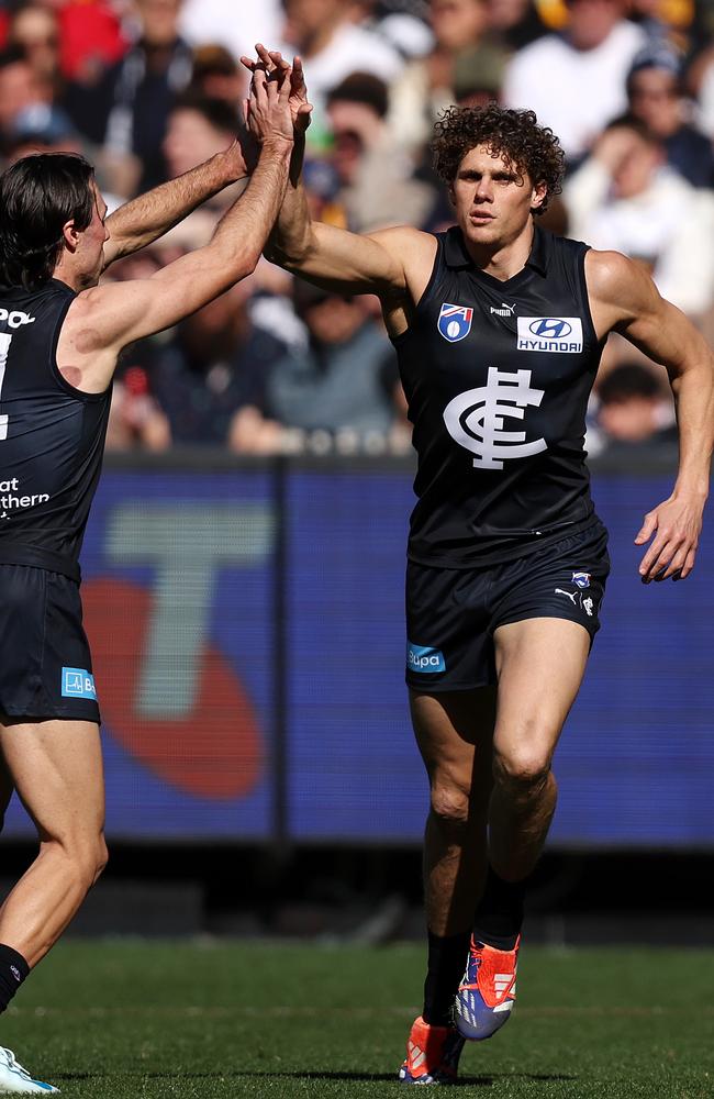 Curnow celebrating a goal during Carlton’s clash against the Hawks at the MCG last year. Picture: Mark Stewart