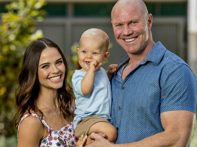 Lauren Brant has today defended partner Barry Hall, pictured here with their son Miller, saying he has a heart of gold. Picture: Jerad Williams