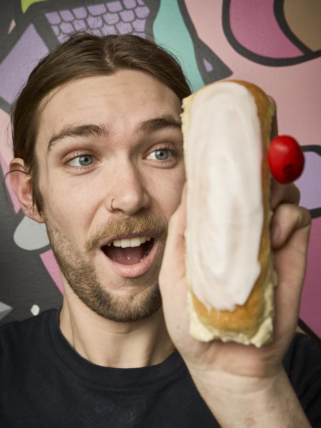 Baker, Mitch Raymond with the Thief’s Bun from Brighton Jetty Bakery. Picture: Matt Loxton