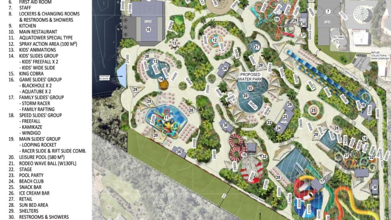 Aerial map and legend of the proposed water park by Aussie World. Photo: Aussie World