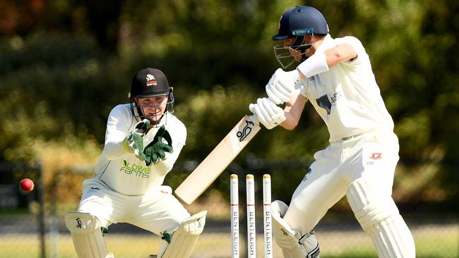 Jarrad Dowling of Bentleigh bats during the Cricket Southern Bayside Championship Division Semi-Final match between Bentleigh and Bonbeach at Bentleigh Reserve on March 9, 2024, in Melbourne, Australia. (Photo by Josh Chadwick)