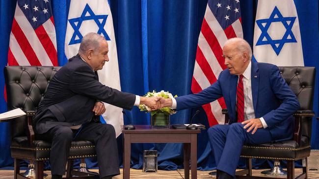 US President Joe Biden shakes hands with Israeli Prime Minister Benjamin Netanyahu in New York in September. Picture: AFP