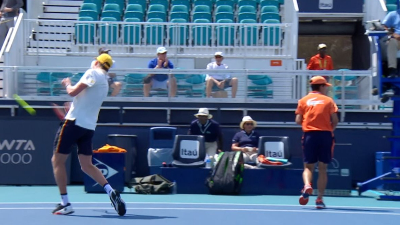 Tennis meltdown: Brooksby hit the ball out of the stadium, then threw his racket away which landed on the other side of the court. Is this a double code violation?