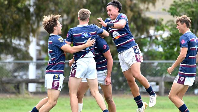 Mountain Creek senior players celebrate a try earlier in the season. The school had a strong Year 8-9 squad. Picture, John Gass