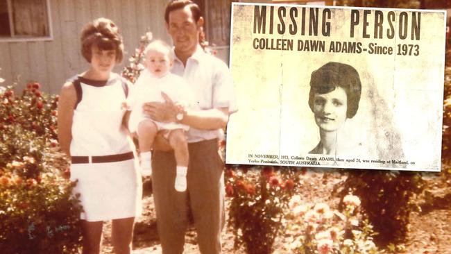 Colleen Adams inset web pics Colleen Adams with husband Geoffrey and a child. Picture: Supplied. Inset: A missing person poster.