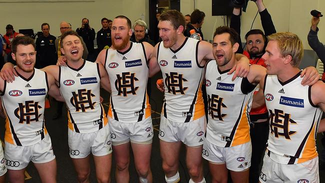 Luke Hodge and his Hawthorn celebrate after their brilliant Round 14 win against the Crows at the Adelaide Oval. Picture: Getty Images