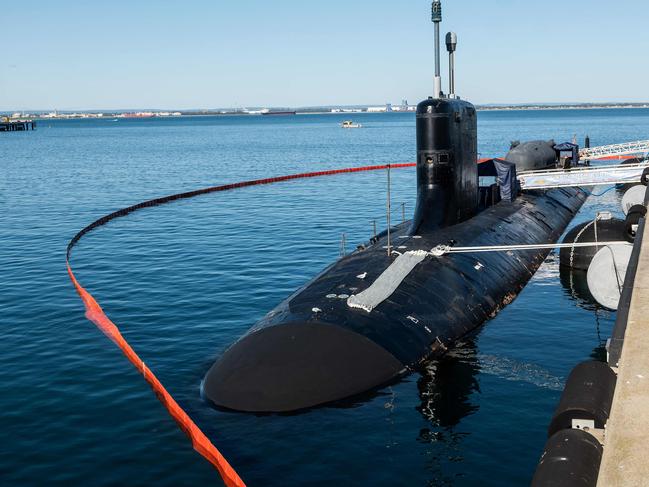 A US Navy Virginia-class submarine docks near Perth last month. Picture: Tony McDonough (AFP)