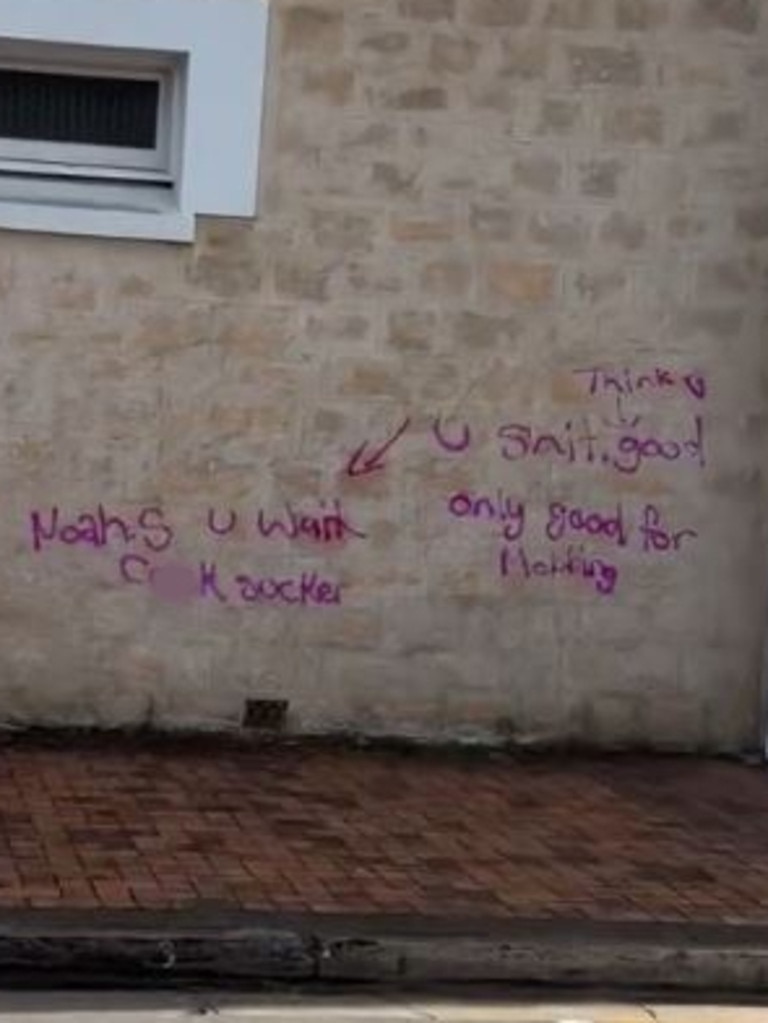 The Advertiser understands that the graffiti spread from a public toilet block at Coles supermarket, to the side of a Freemasons building and parts of the Grand Tasman Hotel property. Picture: Facebook