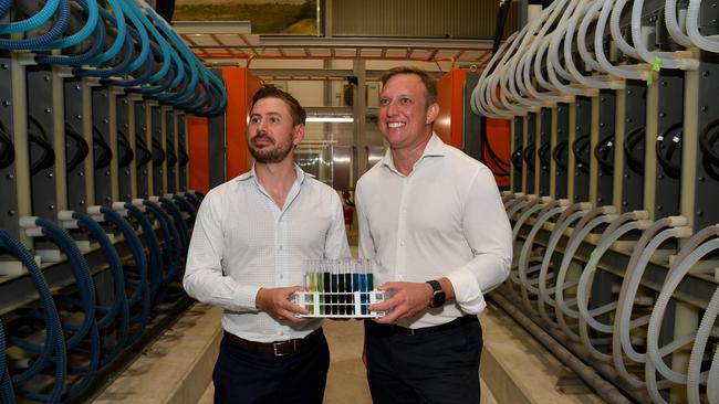 Vecco Group Managing Director Tom Northcott and Premier Steven Miles with samples of vanadium electrolyte at the Vecco Group battery facility in Townsville. Picture: Evan Morgan