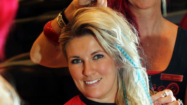 Natalie Hoult getting blue extensions from Heads Online salon owner Julie Cowling.