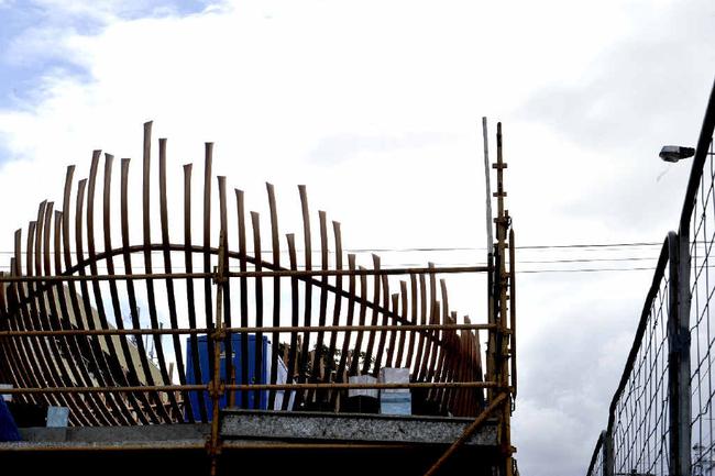 BOAT BLOWOUT: The new art piece in Woodlark St will have its scaffolding removed tomorrow as Lismore City Council prepares for the unveiling of the massive sculpture. Picture: Marc Stapelberg