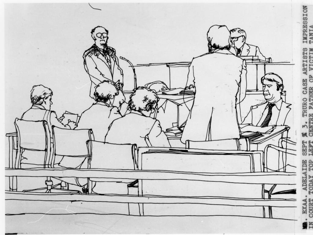 Sketch by artist Viktor Bohdan of John Kenny, left, the (l), father of Tania Ruth Kenny in court giving evidence 03 Sep 1979. Also standing is Mr P. J. Rice, for the prosecution. Seated (from left) are Mr J. J. O’Halloran and Mr K. P. Duggan, QC, appearing for Miller, the Crown Prosecutor, Mr B. J. Jennings, a newspaper reporter and Mr W. R. Harniman, SM (rear).