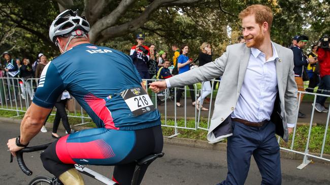 Harry greets comptetitors during day two of the Invictus Games. Picture: Getty Images