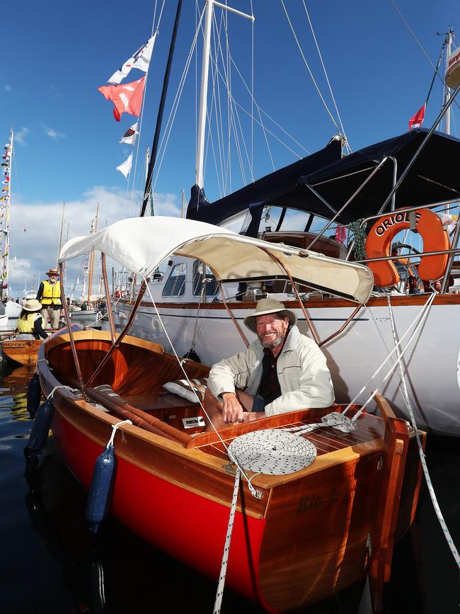 Dick Stiles, of Victor Harbor in South Australia, with his boat Bia 2 at the Australian Wooden Boat Festival. Picture: Nikki Davis-Jones