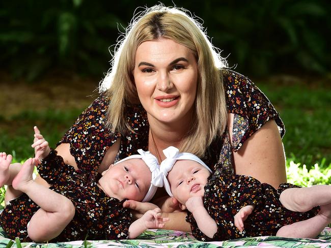 Emma Pesl with her 10 week old twins Ariella and Amerah Annetts, celebrate multiple births week. Picture: Shae Beplate.