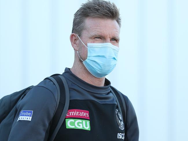 PERTH, AUSTRALIA - JULY 11: Nathan Buckley, head coach of the Magpies arrives at Perth Airport on July 11, 2020 in Perth, Australia. Collingwood and Geelong flew from Sydney to Perth today, where they will now stay in a 'hub' to continue playing in the 2020 AFL season. (Photo by Paul Kane/Getty Images)