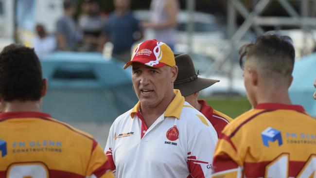 Coach Brandon Costin addresses the Coffs Harbour Comets playing group during the half time break of the Hoey Moey Tooheys Coffs Coast 9s final against the Orara Valley Axemen at Geoff King Motors Park. Nines rugby league 17 February 2018