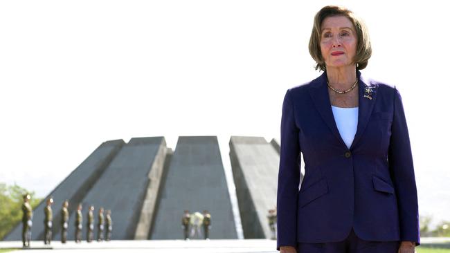 Nancy Pelosi visits the Tsitsernakaberd Armenian Genocide Memorial Complex in Yerevan on Sunday. Picture: AFP