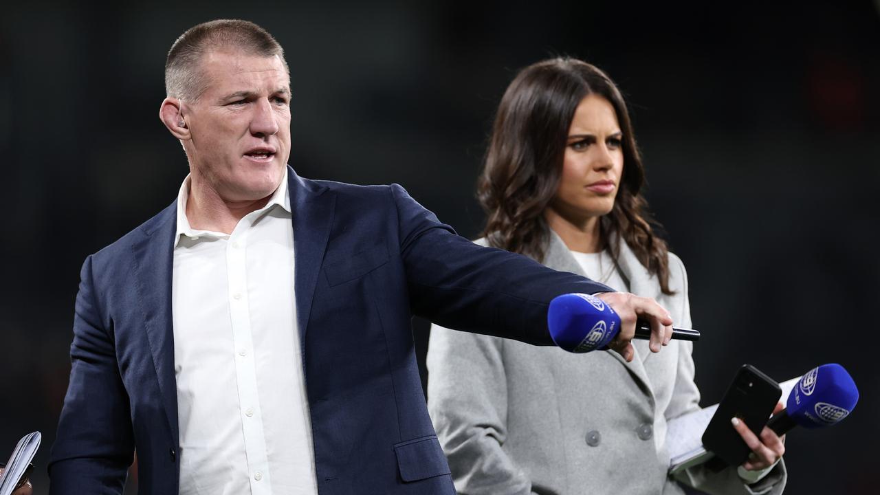 SYDNEY, AUSTRALIA - JULY 06: Channel 9 sports reporters Paul Gallen and Danika Mason are seen before the round 19 NRL match between Wests Tigers and Cronulla Sharks at CommBank Stadium on July 06, 2023 in Sydney, Australia. (Photo by Cameron Spencer/Getty Images)